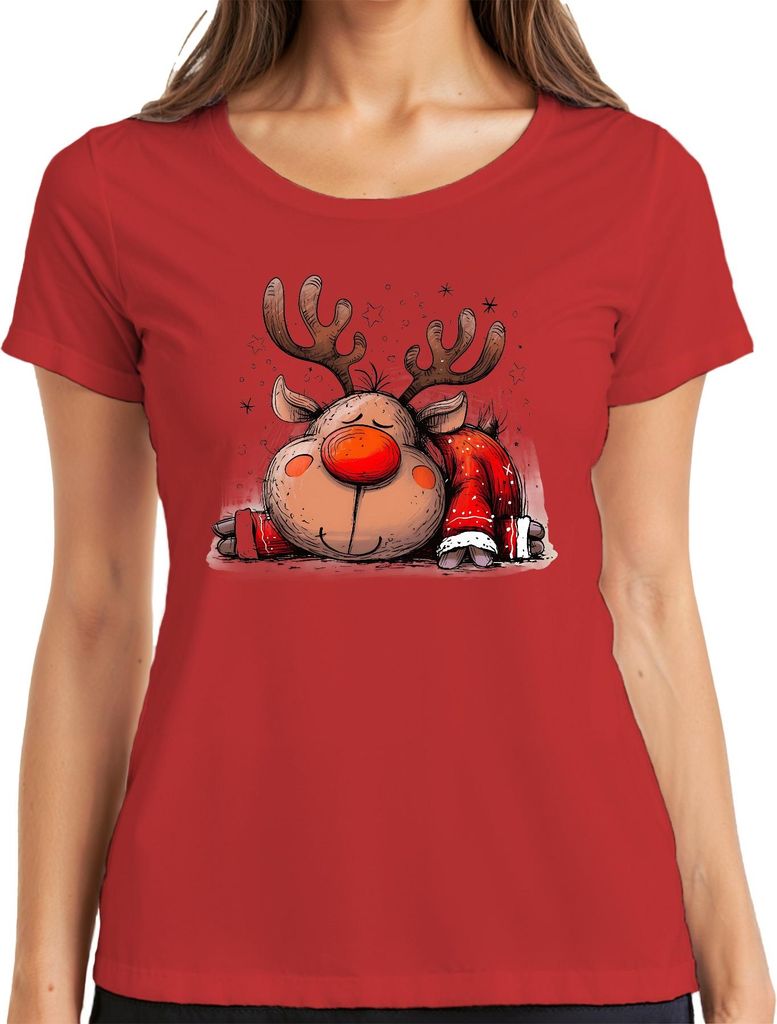 Rudolph Rentier schlafend rote Nase Weihnachten Geschenk Retro Damen T-Shirt, Rot, L