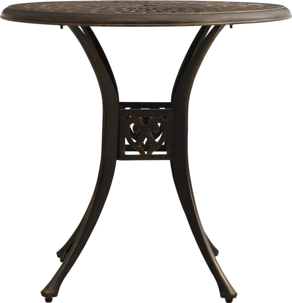 A bronze-colored garden table with an ornate design on a white background.