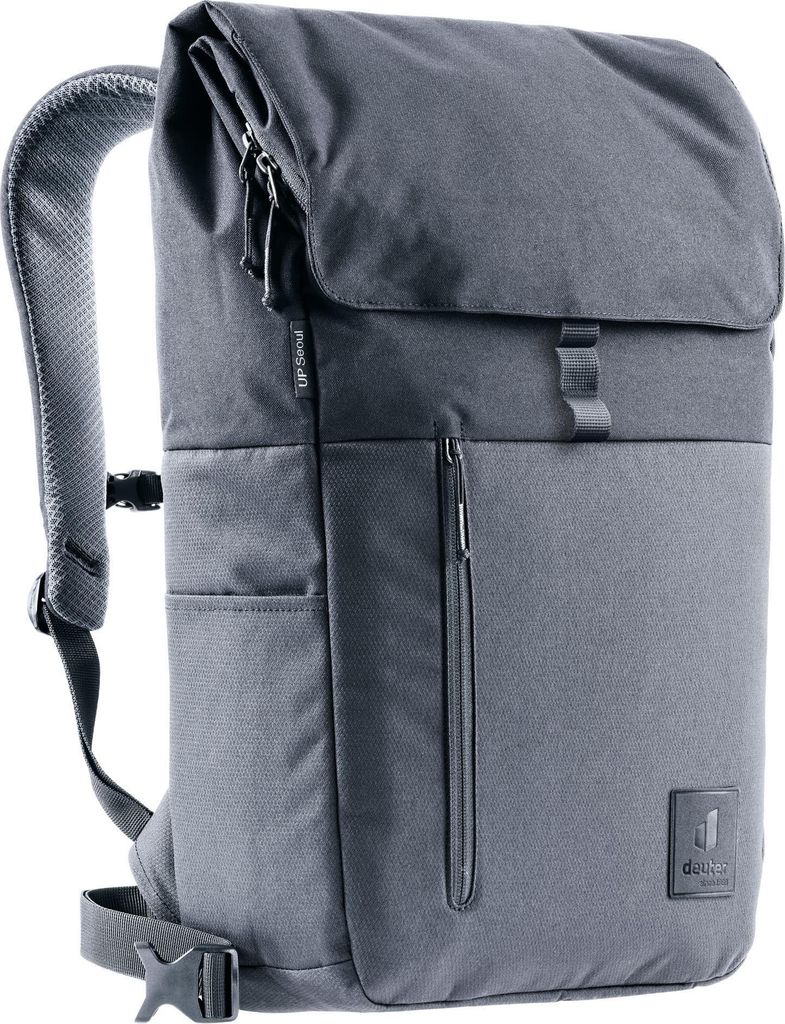 A grey Deuter backpack is shown from the side against a white background.