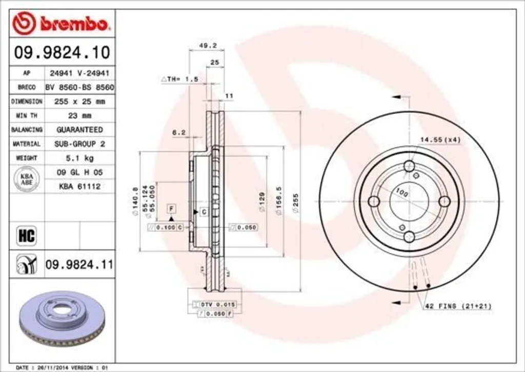 Brembo 09.9824.10 Disque de Frein OE 4351202070 pour Toyota Corolla E12