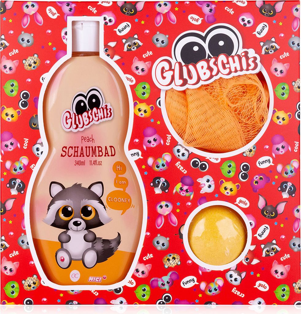 Accentra GLUBSCHIS Bath Set in Gift Box with Bubble Bath, Bath Bomb, and Mesh Sponge Clooney Motif - Gift Set for Girls or Boys Birthday or Christmas