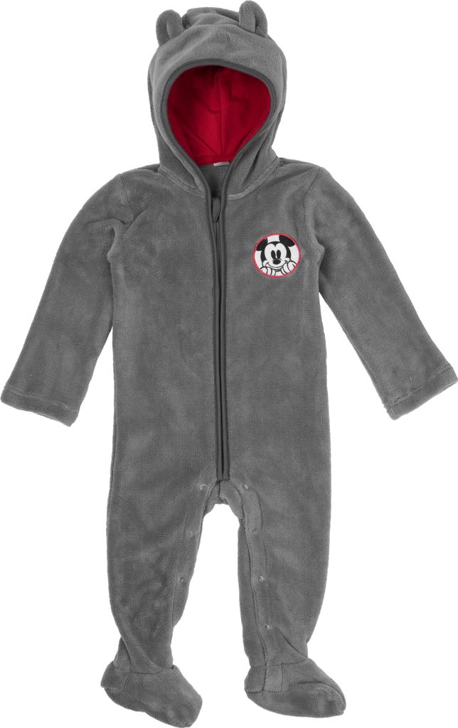 Disney Mickey Mouse Baby Fleece Overall mit Kapuze und Ohren für Jungen und Mädchen - Babykleidung Strampler Onesie Jumpsuit Grau 86-92