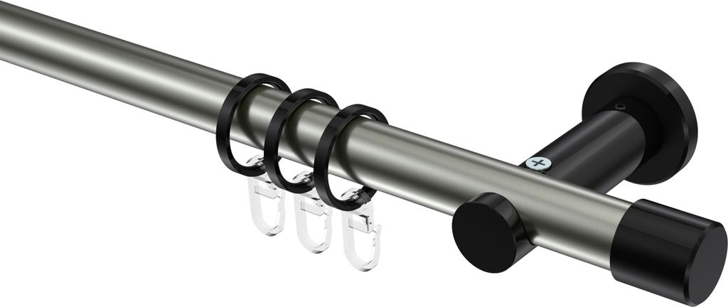 Interdeco Gardinenstange / Vorhangstange Edelstahl-Optik / Schwarz, Typ Platon Santo (Kappe), 20 mm Ø 1-läufig, 360 cm