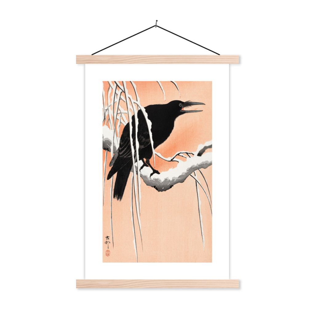 MuchoWow Textilposter Krähe - Zweig - Japanisch - Skandinavisch - Vintage 60x90 cm mit holzfarbenen Rahmen - Textil