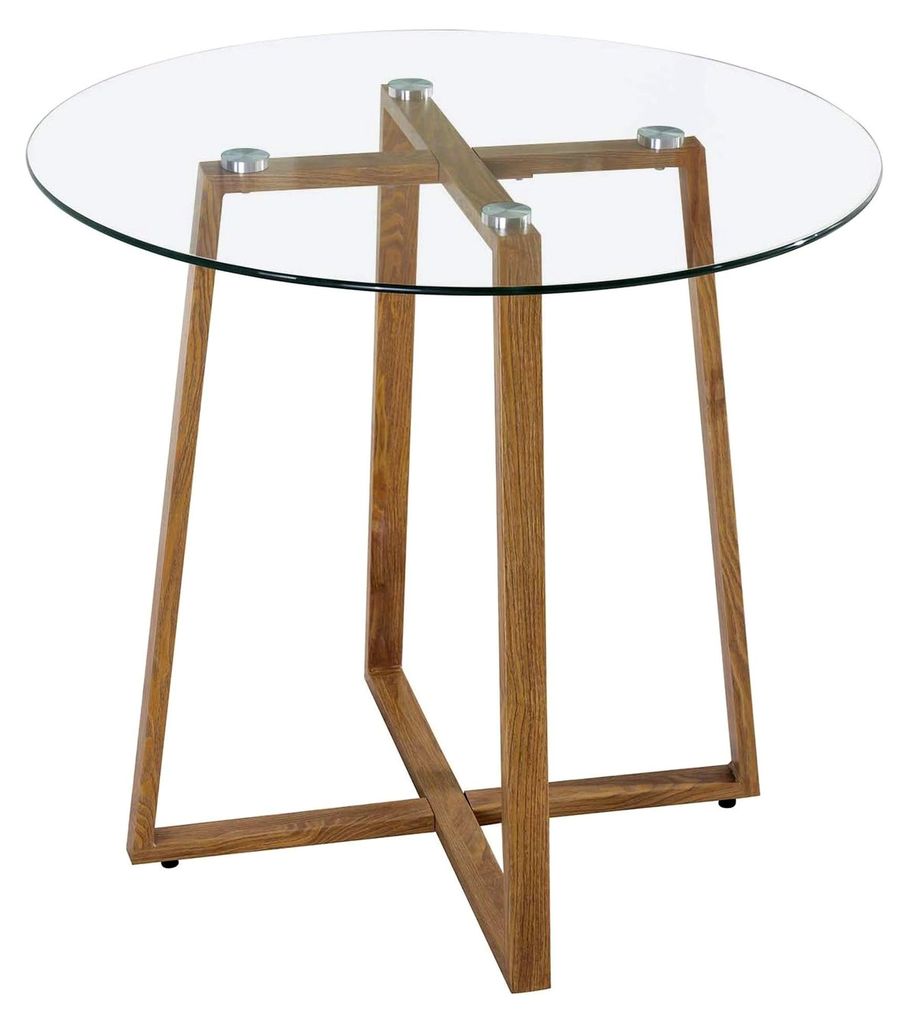 Runder Esstisch aus Glas, moderner skandinavischer Stil, Küchentisch mit Metallbeinen in Eichenoptik, 80 * 80 * 75 cm