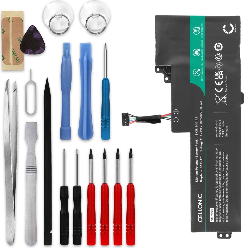 CELLONIC 1x Akku für Notebook Kompatibel mit Lenovo ThinkPad T480, ThinkPad T470, ThinkPad A485, 01AV421 - (2000mAh, 11.4V) + Werkzeug-Set