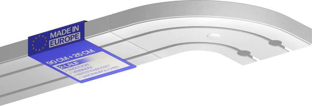 A close-up, angled view of a silver curtain rail with a blue tag attached.