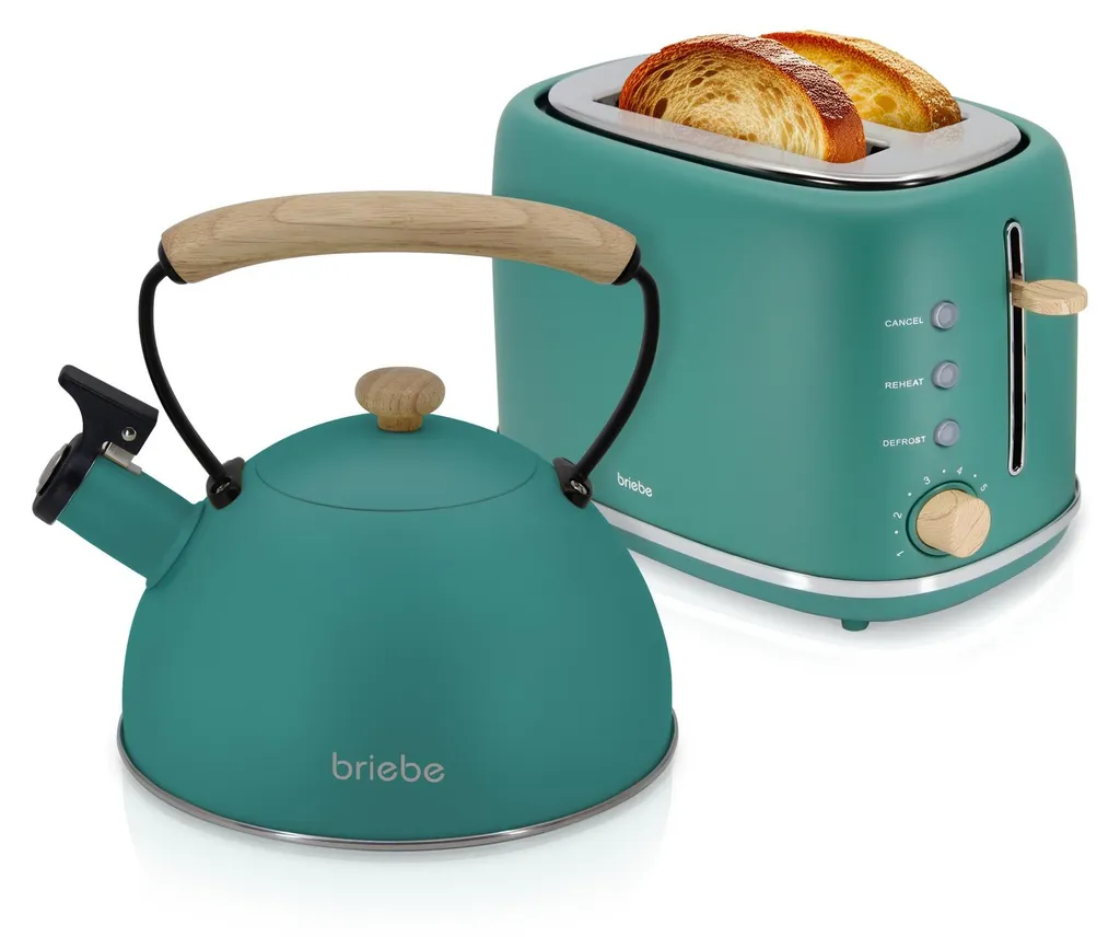 Briebe SKT1177GRE Set nordico Tostapane 2 fette a fessure larghe + Bollitore a induzione 2,3 L Verde