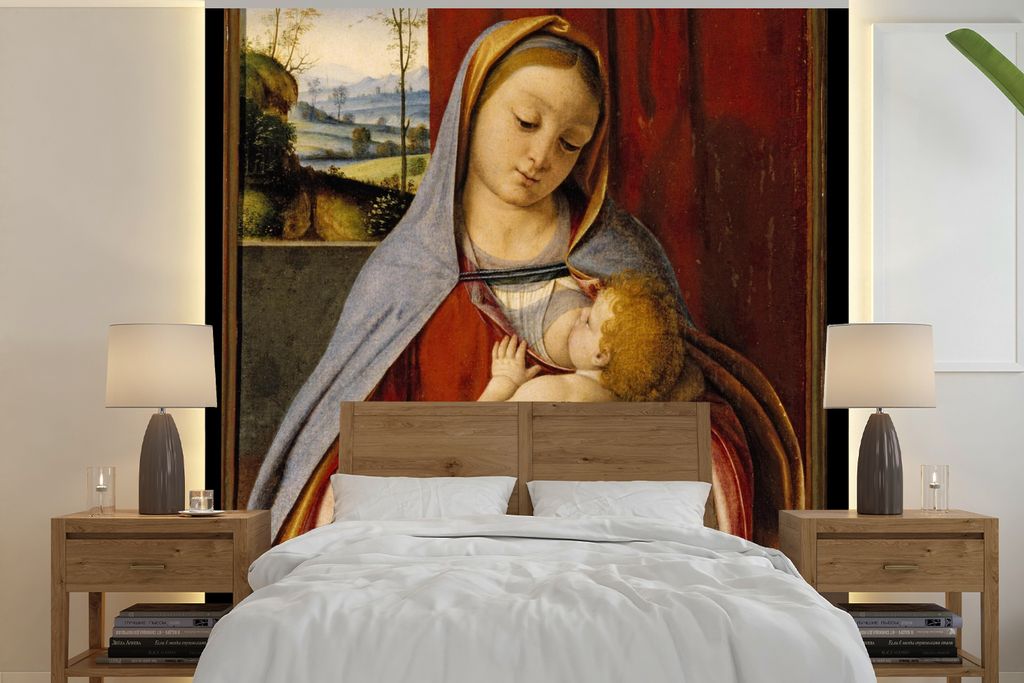 MuchoWow Fototapete für Wohnzimmer oder Schlafzimmer Wandtapete Vinyl Motivtapete Madonna mit Kind - Leonardo da Vinci - 280x280 cm - Hintergrun...