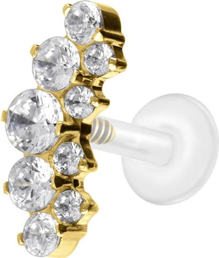 Ohrpiercing, Nasenpiercing PTFE Labret mit Innengewinde + Titan-Aufsatz KRISTALLBOGEN Gold Stablänge: 7mm | Stabstärke: 1,2mm