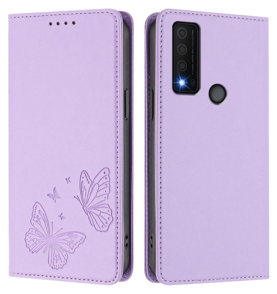 Lederhülle für TCL 30 XE 5G/TCL 30 V 5G, Schmetterling Prägung Leder Brieftasche Schutzhülle mit Ständer Violett