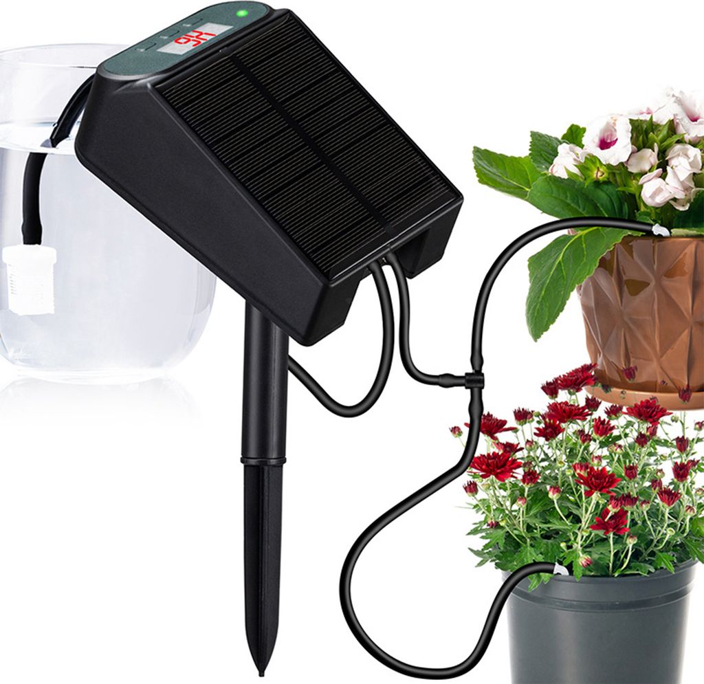 Automatisches Solarbewaesserungssystem, 1,2 W Leistung, solarbetriebenes Tropfbewaesserungsset mit 2200 mAh Akku, 1šC600 s Timer, Anti-Siphon, aut...