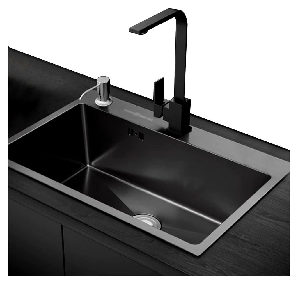 Küchenspüle für Bars und Balkone, schwarze Edelstahlspüle, Einzelspüle mit Wasserhahn und Zubehör, 55 x 45 x 21 cm
