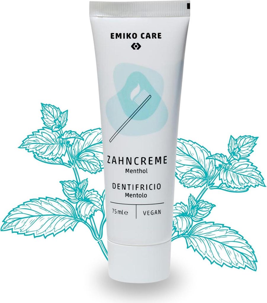 A tube of toothpaste with mint leaves illustration.