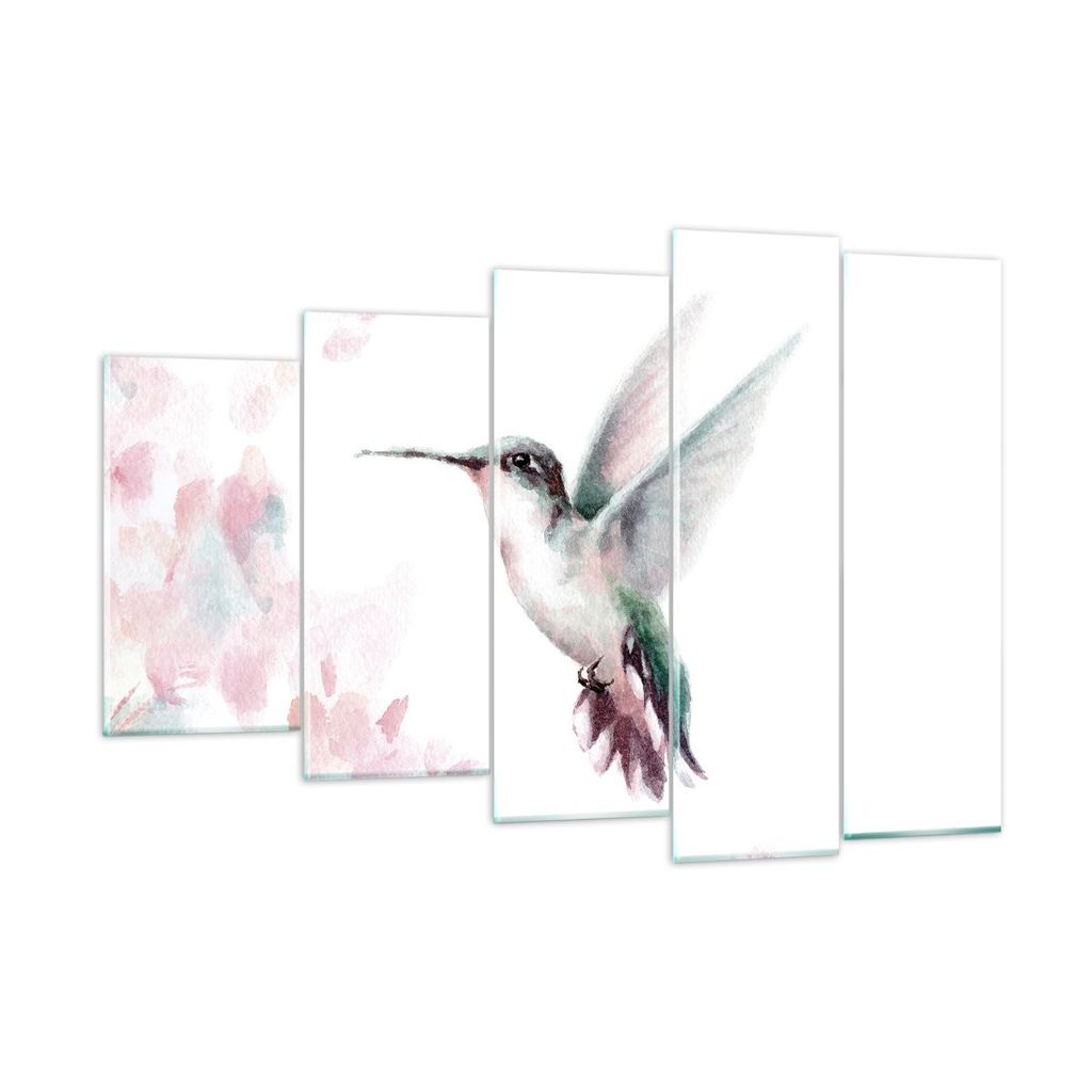 Bilder auf glas - 5 Teile - Kolibri Aquarell Licht - 150x100cm - Glasbilder - Wandbilder - Bilder - zum Aufhängen bereit - Wanddekoration aus Glas...