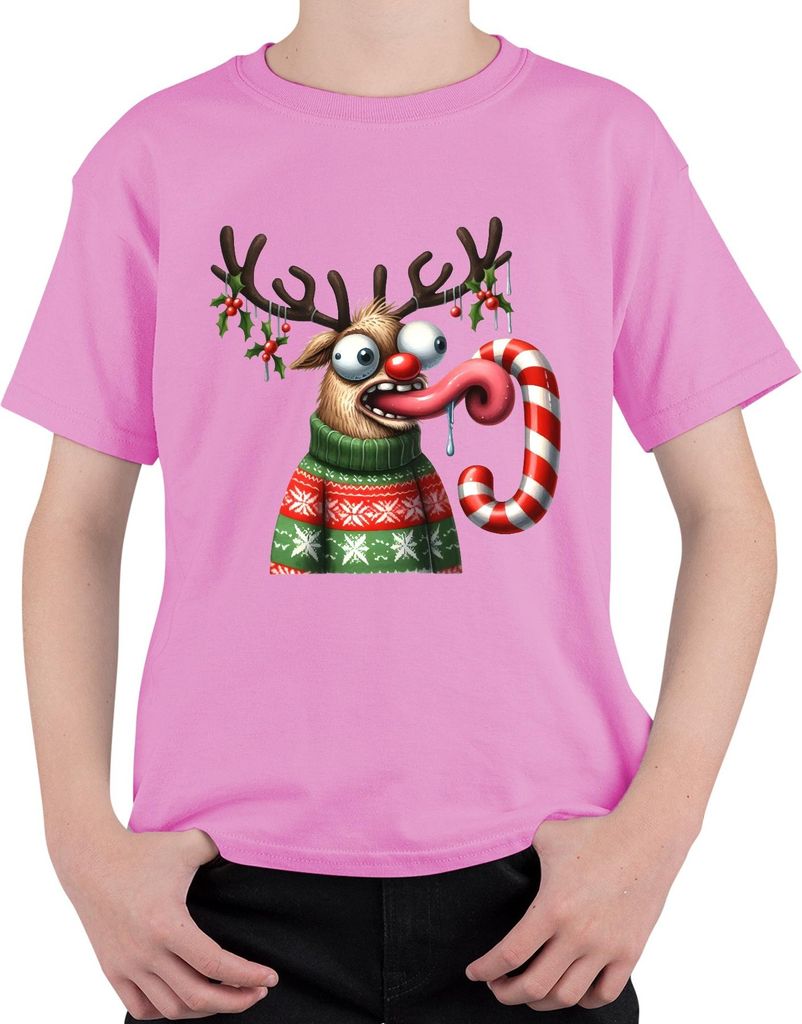 Weihnachten Verrücktes Rentier Zuckerstange lustig Cartoon Uni Kinder T-Shirt, Pink, 128