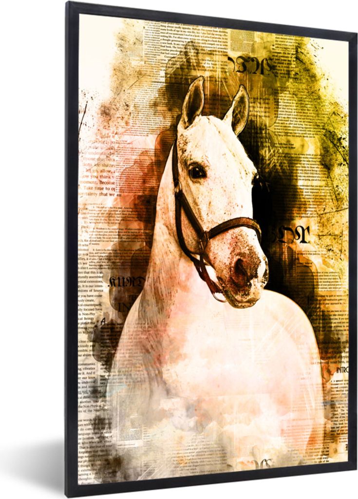 MuchoWow MuchoWow Gerahmtes Poster Pferd - Weiß - Zeitung - Mädchen - Kinder - Mädchen 40x60 cm - Poster mit zchwarzem Bilderrahmen - Papier...