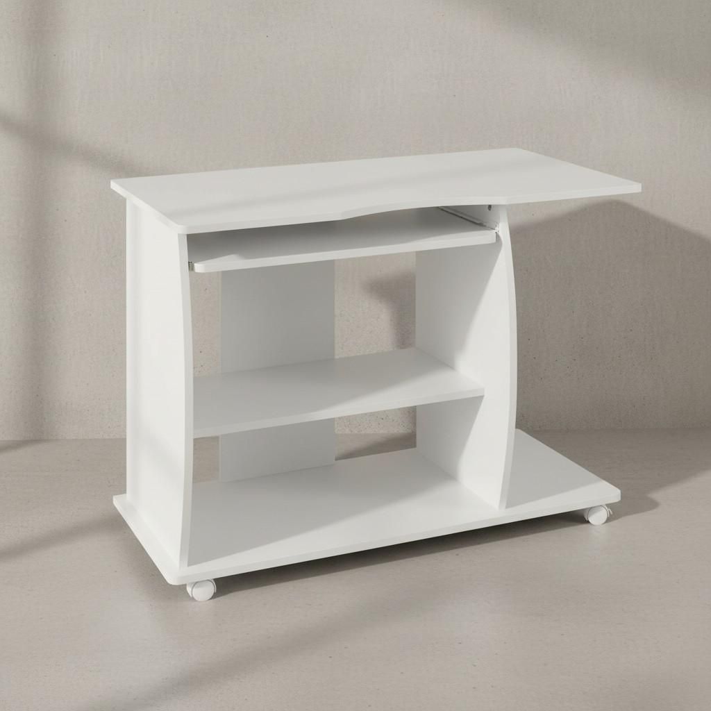 Laptoptisch Computertisch: 3D-Ecken, Stauraum, Spanplattenkonstruktion, Rollen. Weiß, 90x50x71 cm | Kadima Design