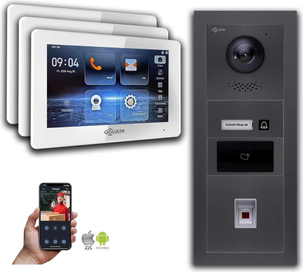 Goliath IP Video Türsprechanlage mit Kamera 7-Zoll Fingerprint RFID Anthrazit : Aufputzdose : 7 Zoll in Weiß : 3 Monitore Anzahl: 3 Monitore Farb...