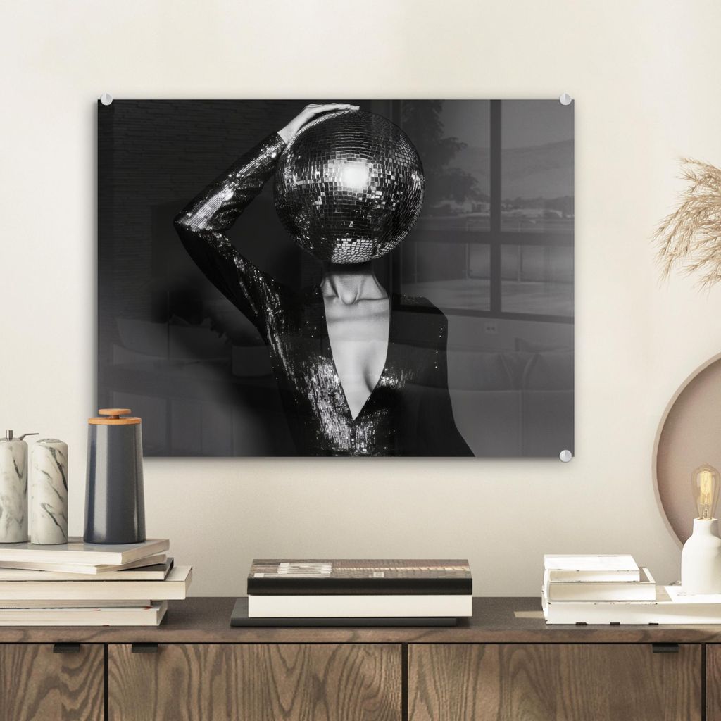 MuchoWow Glasbilder - Bilder auf Wandbild - Foto auf Glas Discokugel - Gesicht - Glamour - Schwarz 40x30 cm Wanddekoration aus Glas - Acrylglasbild...