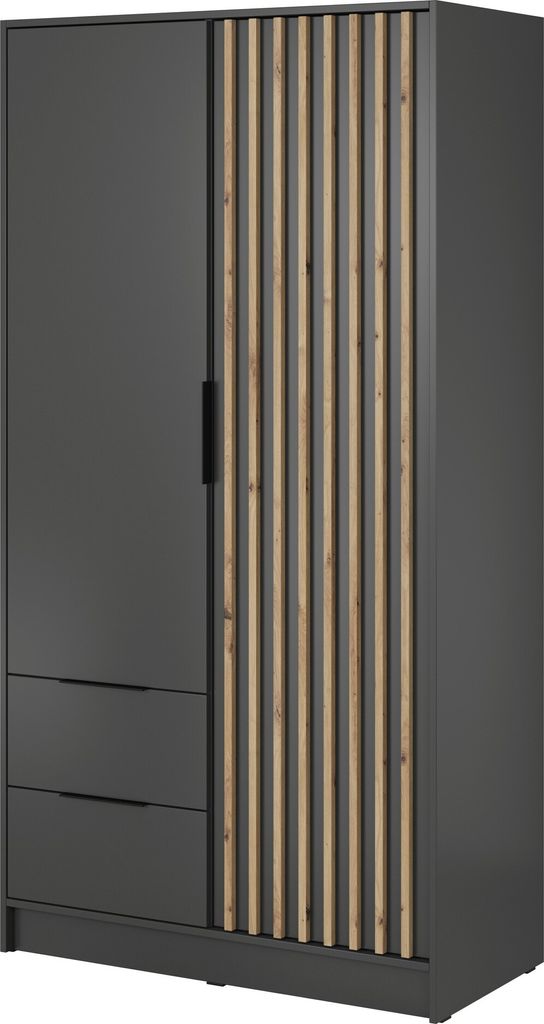 Furniture24 Kleiderschrank Nelly 2D Schrank 2 Türiger 2 Schubladen Graphite Drehtürenschrank