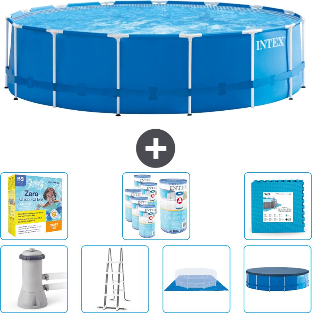 Intex Rundrahmen-Schwimmbecken – 457 x 122 cm – Blau – inklusive Pumpe – Leiter – Bodenplane – Abdeckung Wartungspaket - Filter - Boden...