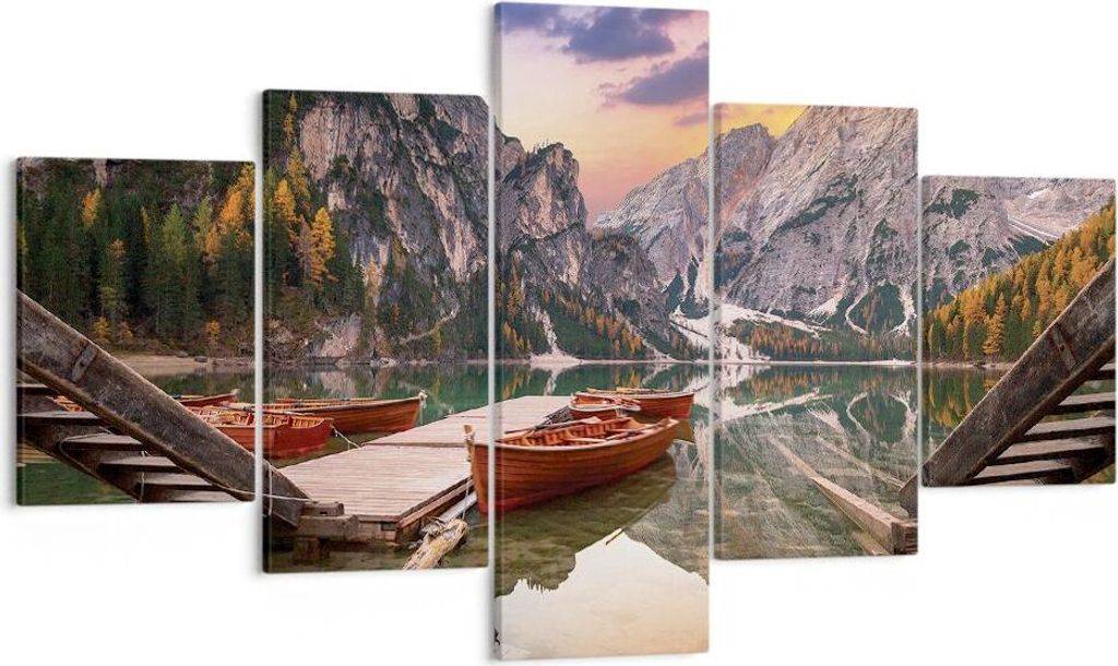 Bild auf Leinwand - Leinwandbild - 5 Teile - Boote Berge See - 125x70cm - Wand Bild - Wanddeko - Wandbilder - Leinwanddruck - Bilder - Wanddekorati...