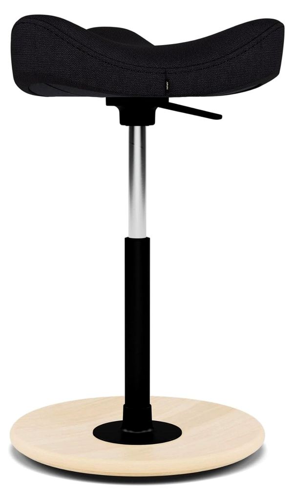 Ergonomischer Stehhocker in Natur/Schwarz – Höhenverstellbarer Aktiv-Sitz für Steh- und Schreibtische mit Holzfuß und Formschaumsitz