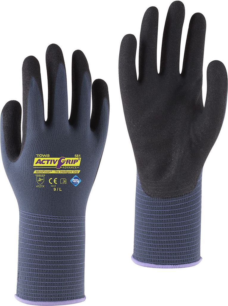 TOWA Montagehandschuhe ActiveGrip Advance blau/schwarz mit MicroFinish Nitrilbeschichtung Größe 7 , 1 Paar