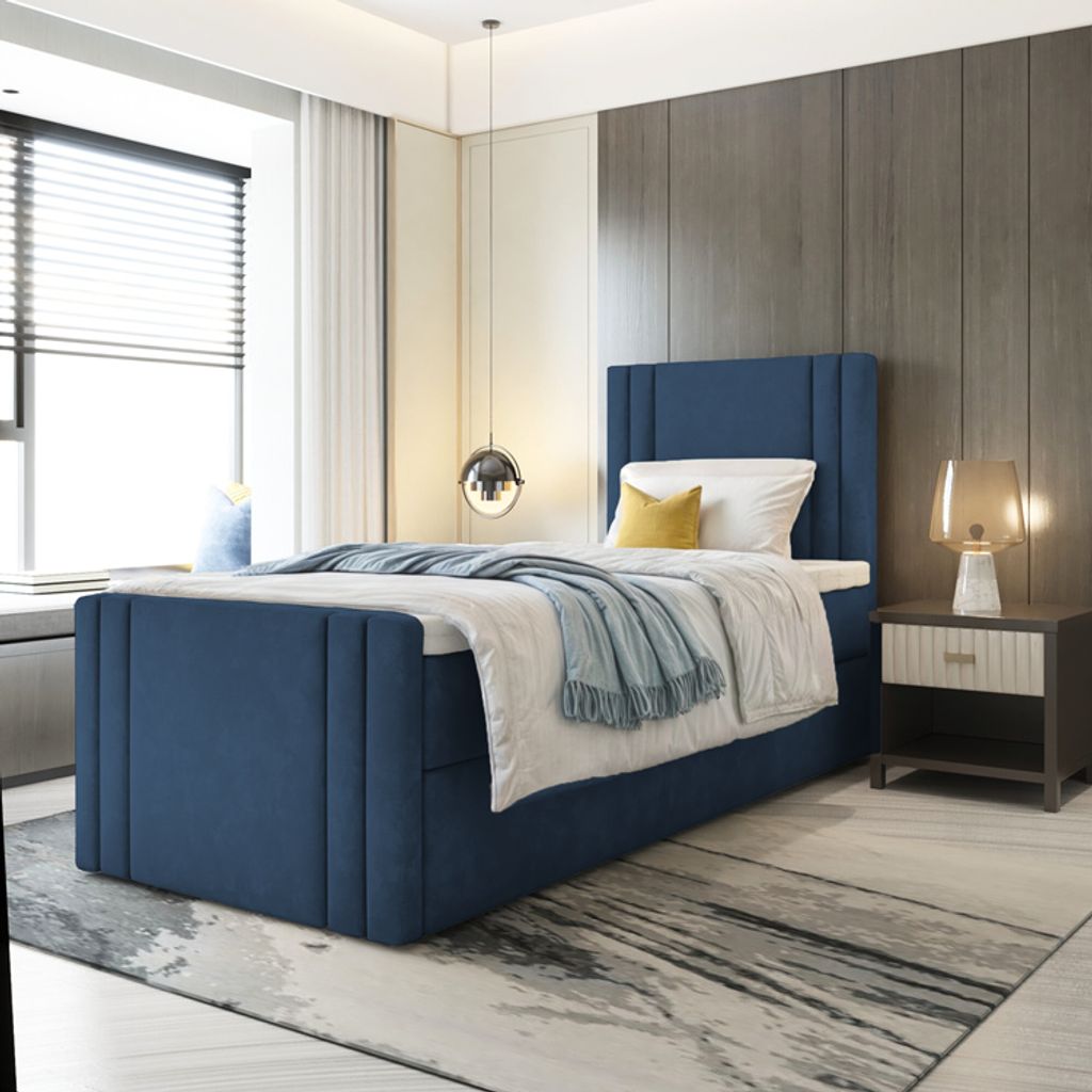 Bett Boxspringbett BEST MINI mit Fußteil, TOPPER T25, Bettkästen - Einzelbett, Stauraum, Schlafzimmer,Polsterbett (90x200, Dunkelblau- ITAKA 11)
