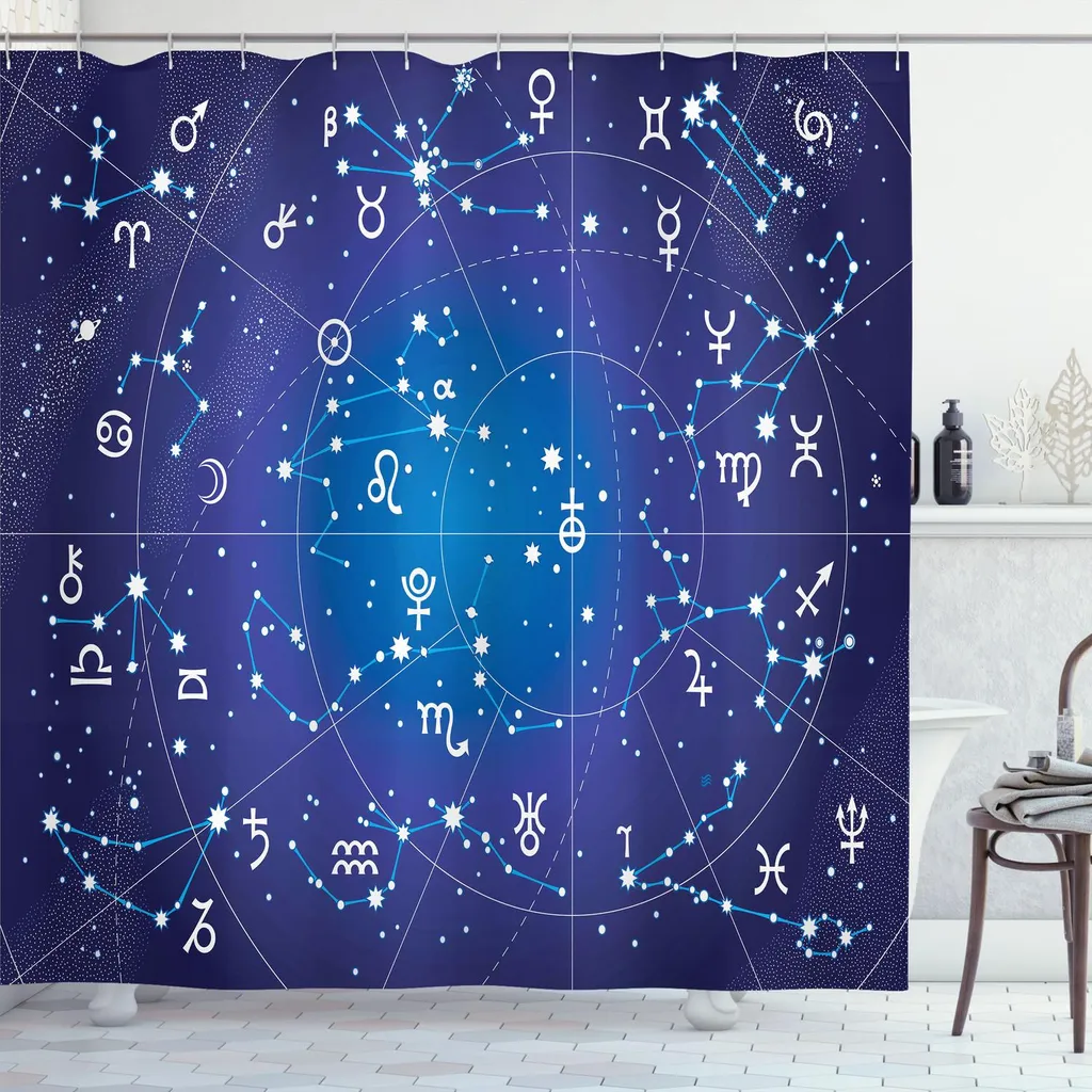 ABAKUHAUS Tenda da doccia Astrologia, Costellazioni e Pianeti Collezione Originale Coordinate Celesti, 175 x 180 cm, Blu scuro