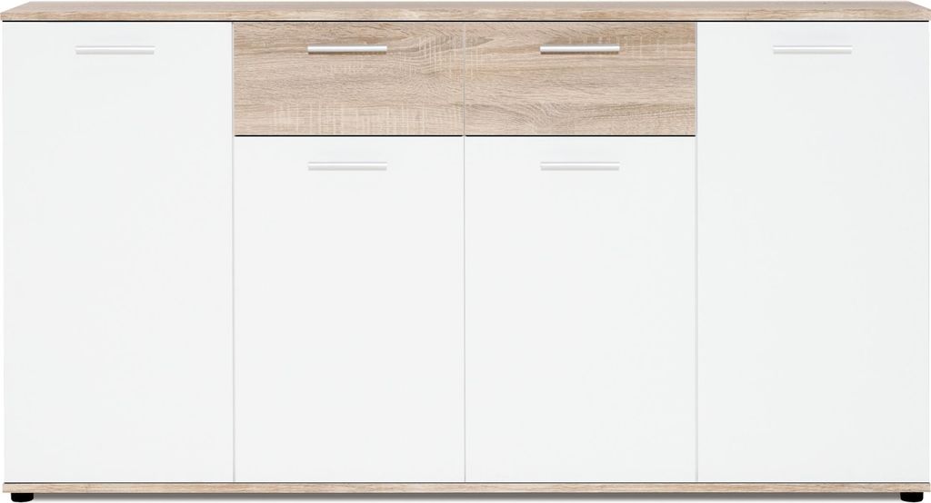 Kommode - mit 4 Tür - mit Schublade - Weiß / Sonoma - 160 x 85 x 35 cm B/H/T - Moderne Sideboard - für Wohnzimmer - Schlafzimmer - Jacky III
