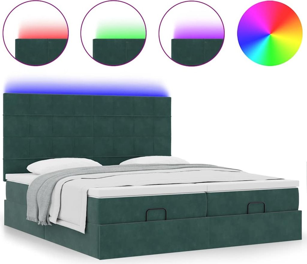 Ottoman-Bett mit Matratzen & LEDs Dunkelgrün 200x200 cm Samt