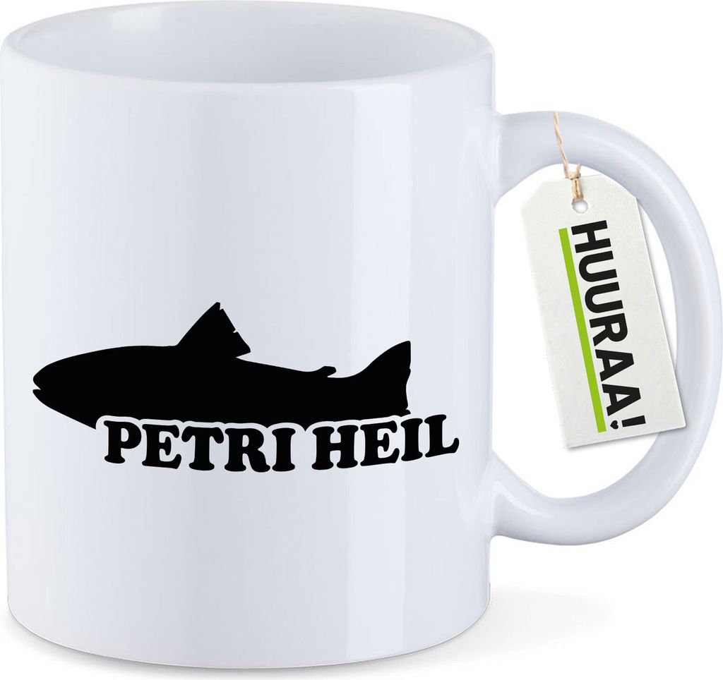 Huuraa Kaffeetasse Petri Heil Fischergruß 330ml Weiß Keramik Kaffeebecher Geschenkidee