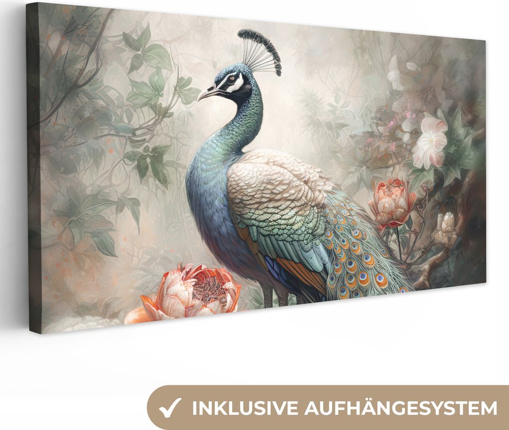 MuchoWow - Leinwandbilder - Pfau - Pfauenfedern - Vogel - Dschungel - Blumen, Wandbild, Wanddeko Bilder Wohnzimmer, 80x40 cm
