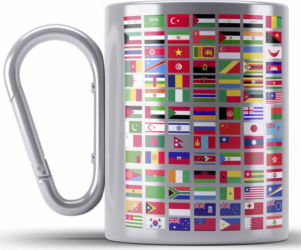 Trendation - Flaggen Der Welt Edelstahl Tasse Karabiner Geschenk Reisen Weltreise Geschenkidee Flagge Jedes Land (Silber)