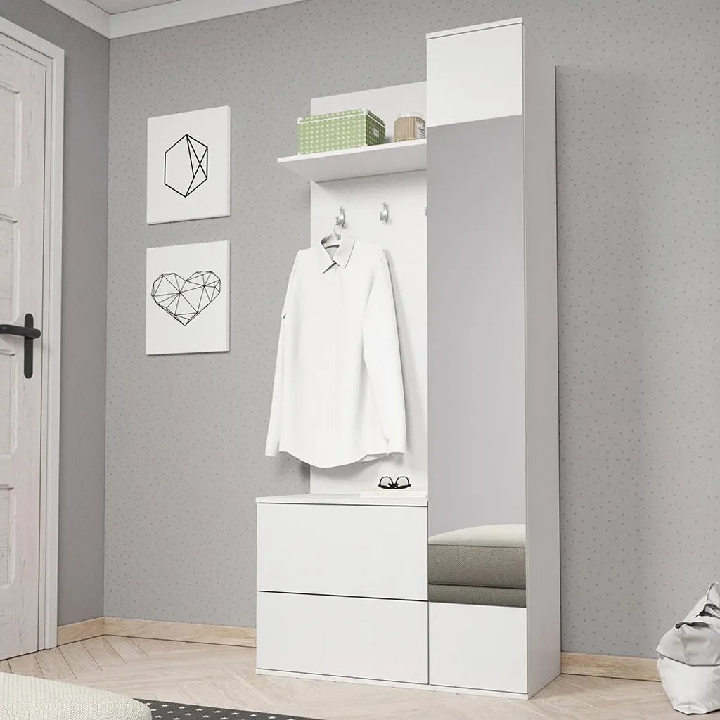 Mur d’entrée avec miroir GRIM blanc vestiaire complet de 90cm moderne