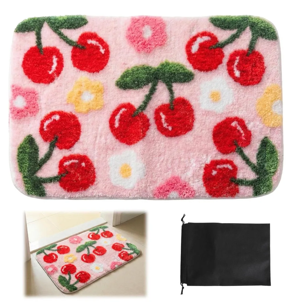 Tapis de douche absorbant à motif cerises rose pour salle de bain