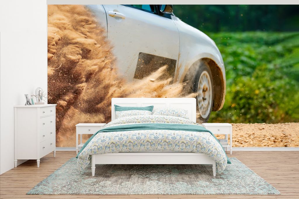 MuchoWow Fototapete für Wohnzimmer oder Schlafzimmer Wandtapete Vinyl Motivtapete Rennwagen - Rallye - Stoff - Steine - 395x220 cm - Tapezier Pa...