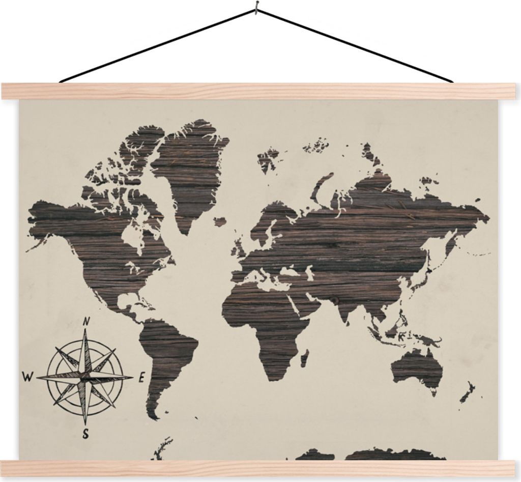 MuchoWow Textilposter Weltkarte - Holz - Vintage 60x45 cm mit holzfarbenen Rahmen - Bild