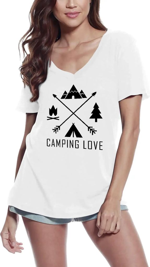 Damen Grafik T-Shirt V-Ausschnitt Abenteuer-Shirt - Liebe zum Camping – Adventure Shirt - Love Camping – Öko-Verantwortlich Vintage Jahrgang K...