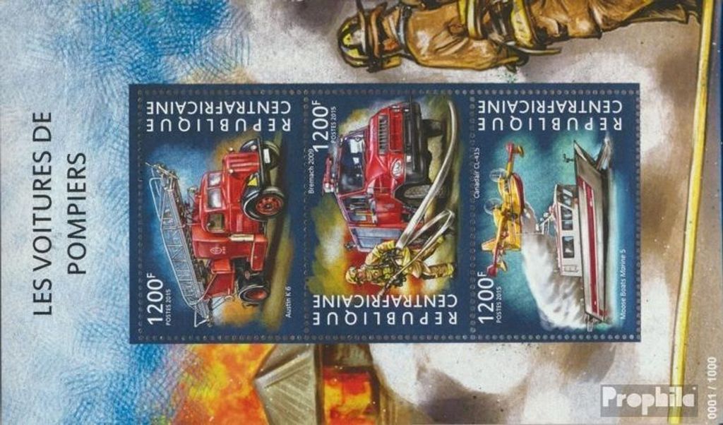 Briefmarken Zentralafrikanische Republik 2015 Mi 5521-5523 Kleinbogen (kompl. Ausgabe) postfrisch Feuerwehrfahrzeuge