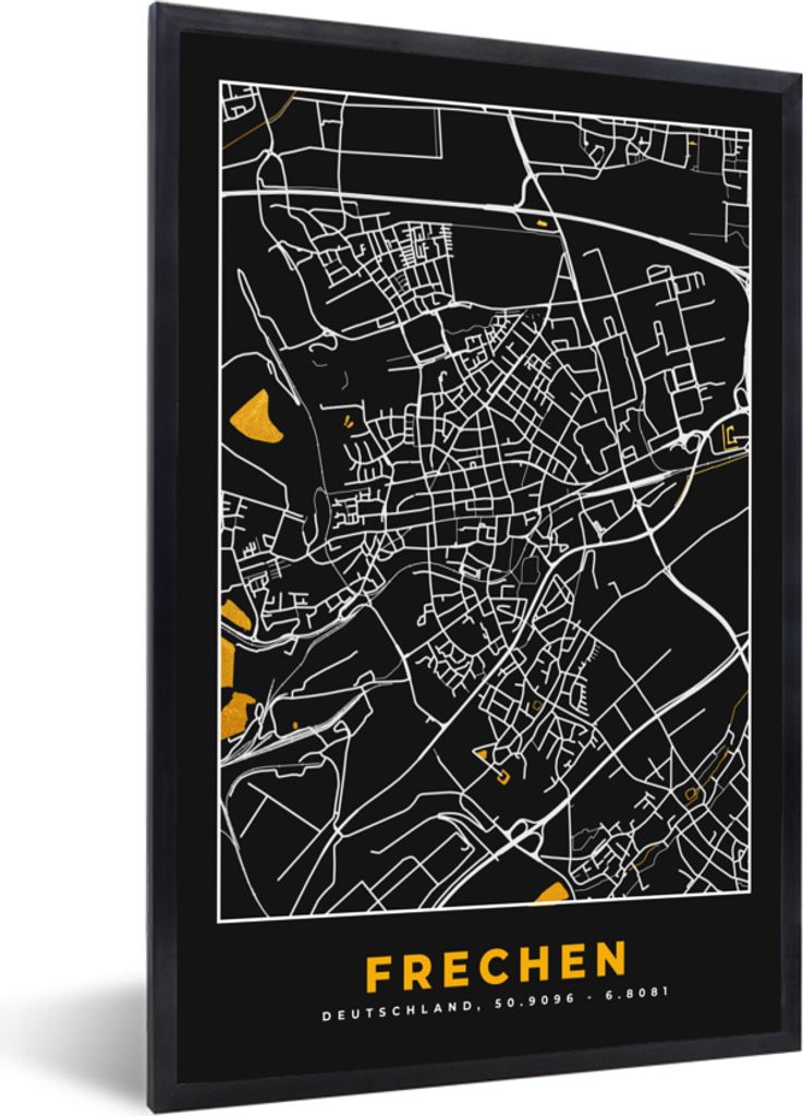 MuchoWow Gerahmtes Poster Frechen - Stadtplan - Gold - Karte - Deutschland 40x60 cm - Poster mit Schwarzem Bilderrahmen Wandposter Rahmen Foto Bi...