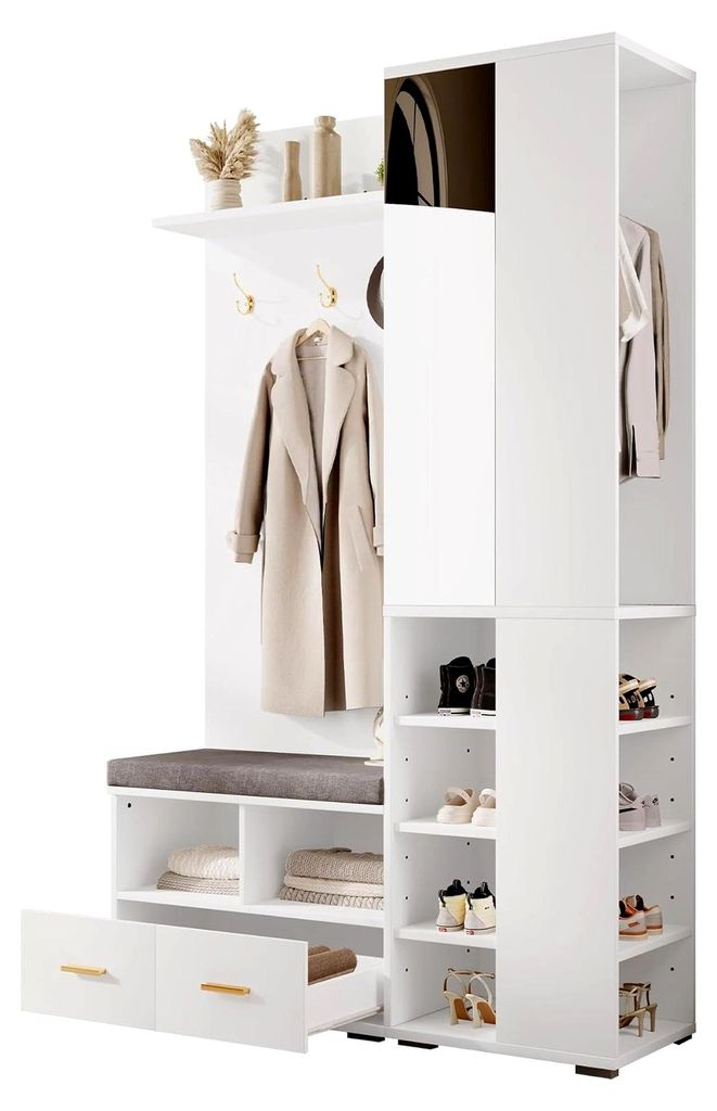 Wandgarderobe mit Spiegel und Schuhschrank, Garderoben-Set mit 3 Kleiderhaken, 2 Schubladen und Ablagefach, Weiß, 120x35x190 cm