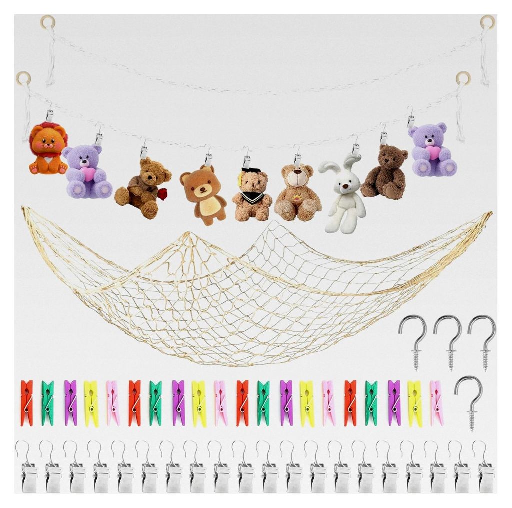 2 Stück 2M Kuscheltier Aufbewahrungsnetz, Spielzeugaufbewahrung für das Kinderzimmer, Hängender Organizer für Stofftiere, mit 40 Clips zur Aufb...