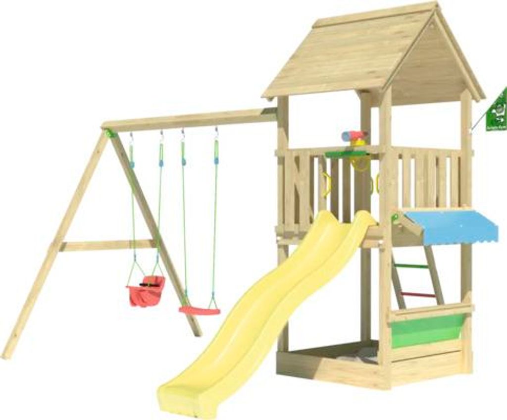 Doppelschaukel Spielhaus mit Stelzen Jungle Gym 383 x 347 cm Holz gelb