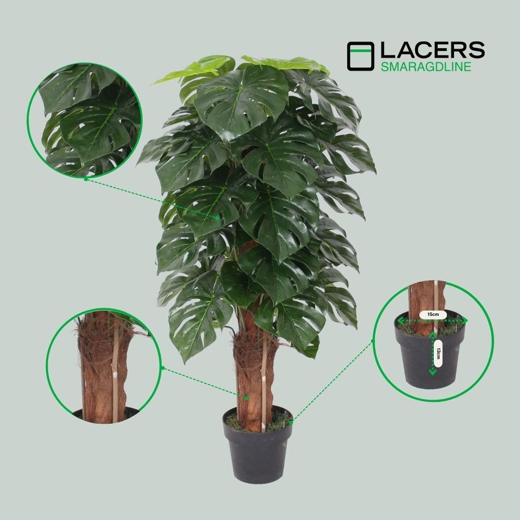 Lacers SMARAGDLINE pflegeleichte künstliche Monstera im Topf – Fensterblatt 120cm -realistische Optik, Dekoration für Wohnzimmer, Balkon und B...