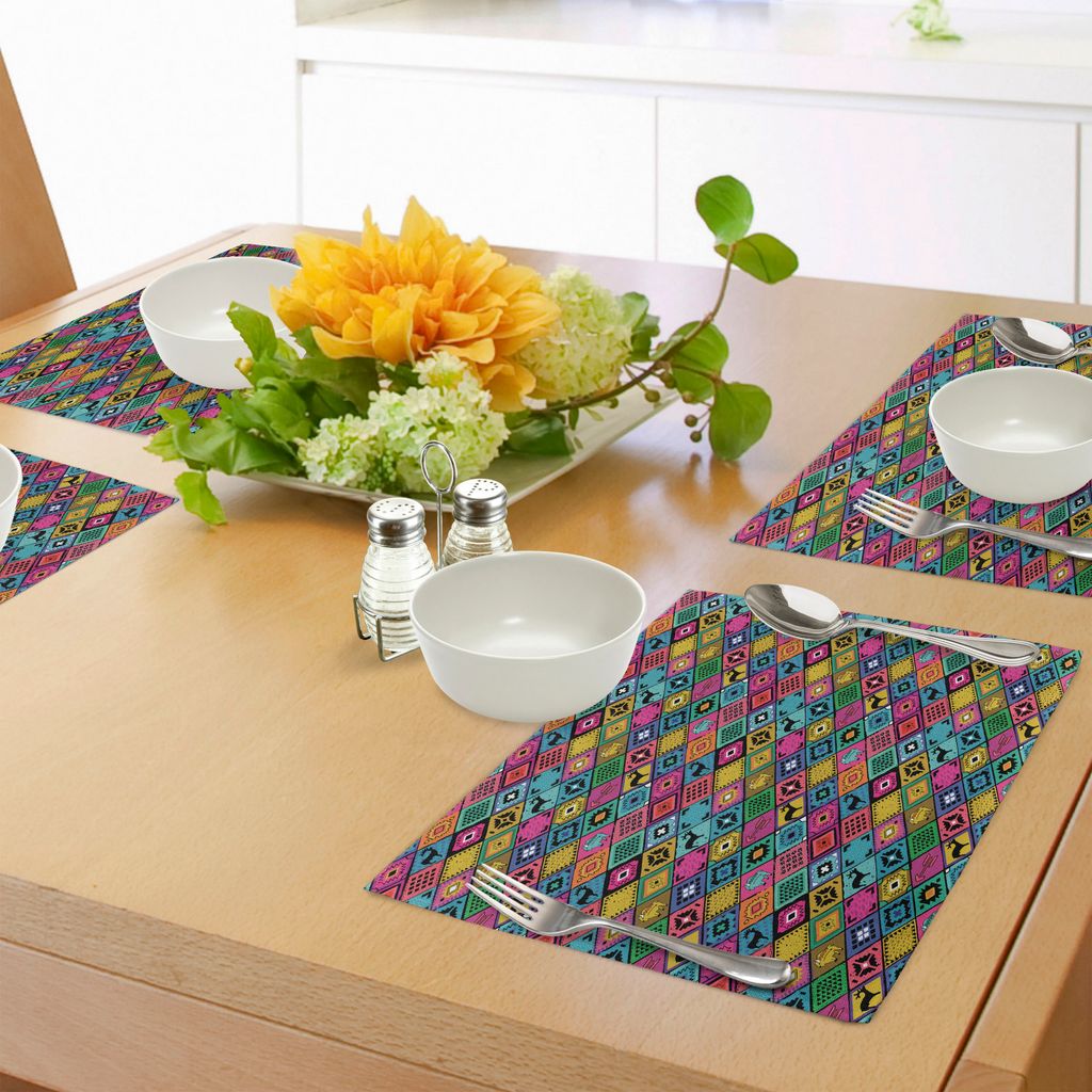 ABAKUHAUS Südwesten Platzmatten, Gezeichnete Stil-Symbole und Muster des Patchwork-Art-Musters in der Hand Boho Hippie, Tiscjdeco aus Farbfesten S...