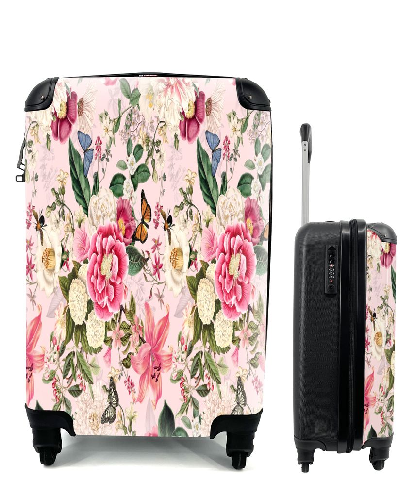 MuchoWow Koffer Handgepäck Trolley Rollkoffer Kleine Reisekoffer mit 4 Rollen - Blumen - Lilie - Insekten - Muster - Cabin Size < 55x40x23 cm & ...