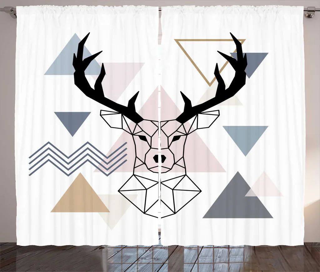 Rideau pour grand salon déco rustique cerf 280x225 cm bleu et rose